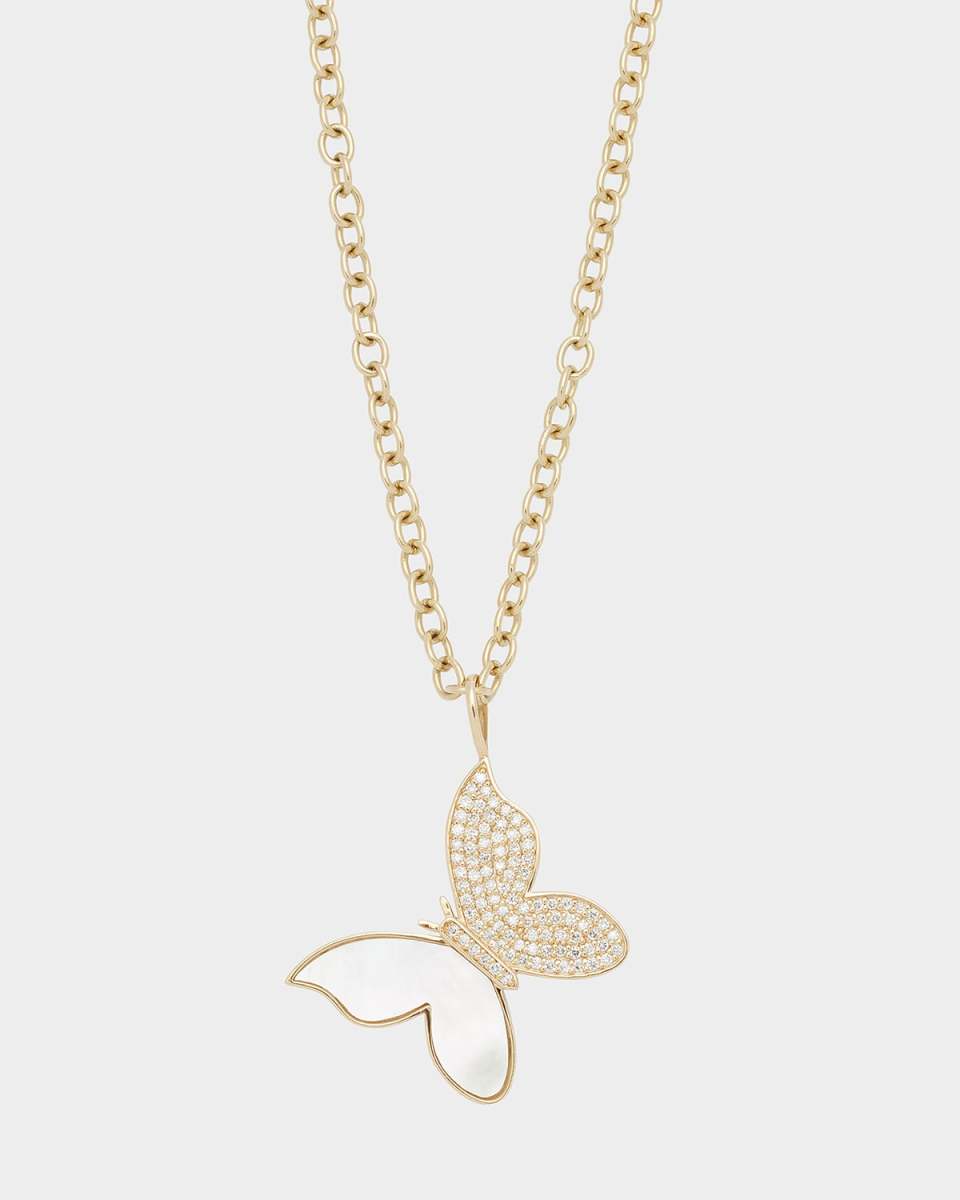14K Yellow Gold Large Butterfly Charm Necklace with Pearl Inlay and Diamonds